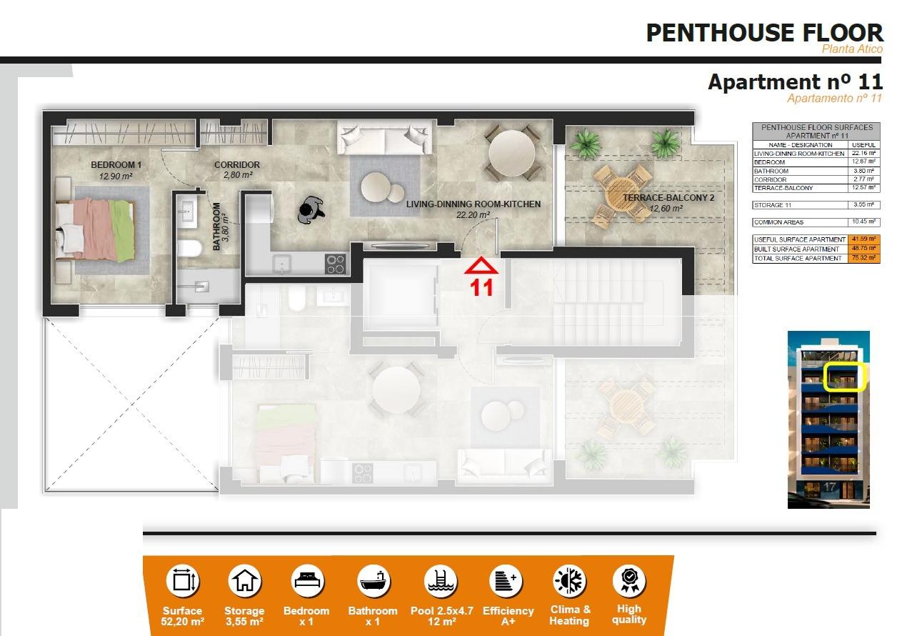 Ático en Torrevieja, Alicante, España 1 dormitorio, 75 m2 No. 128572